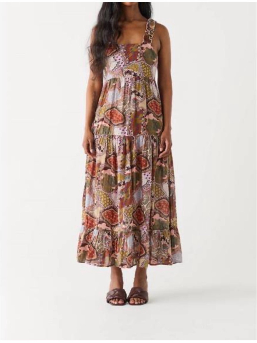 Dex Paisley Medallion Boho Patchwork Midi Dress Smocked Back Cottagecore M